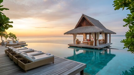 Fototapeta premium Tropical Beach Resort Sunrise – Ultra-Realistic Travel Photography of Palm Trees, Infinity Pool, and Thatched Pavilion in a Tropical Paradise