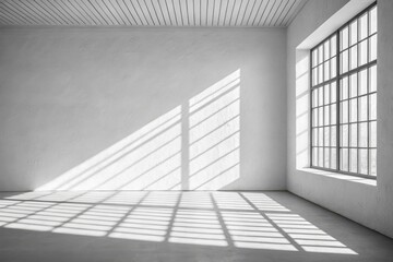 Sunlight streaming through a large industrial window into an empty room isolated on white background