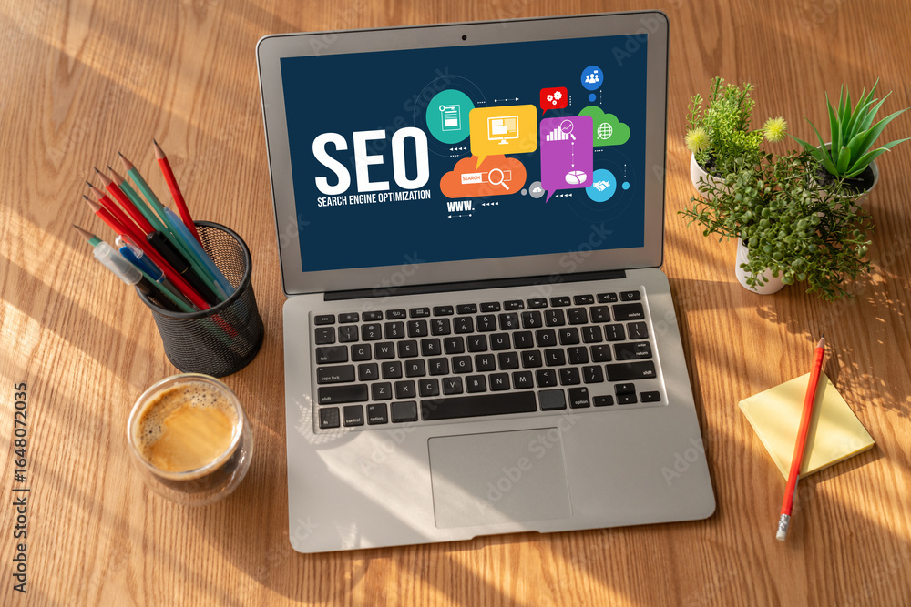Aufkleber seo search engine optimization for modish e-commerce and online retail business showing on computer 