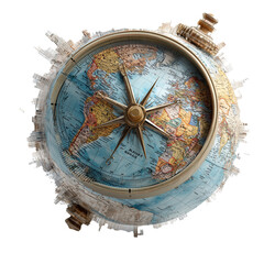 Fototapeta premium High quality globe and compass image with floating gaze effect, perfectly isolated on white background. Absolutely no shadows and reflections, no contact with breakage or stand, ready to use with clip