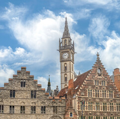 The historical facades and towers of the old city of Ghent, East Flanders, Belgium