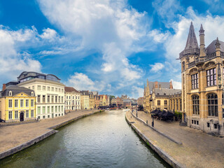 View over the beautiful stretch of the Leie rievr in the old city of Ghent, East Flanders, Belgium