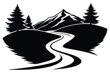 Black and White Mountain Landscape with Trees and Winding Road Graphic Art