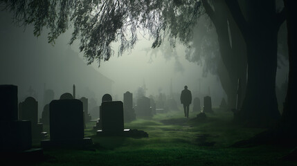 A mysterious, solitary figure walks through a haunted cemetery at dawn with dense fog, tilted tombstones, and cinematic lighting