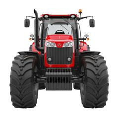 Front view of a red tractor isolated on transparent background, ready for work