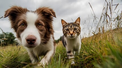Obraz premium Unlikely Companions: A Dog and Cat's Adventure in the Green Pasture