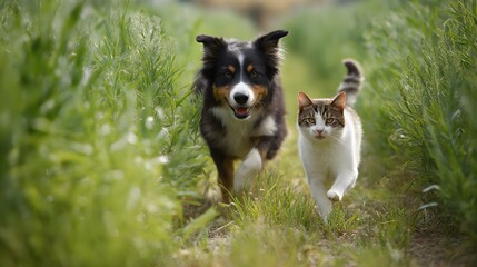 Fototapeta premium Unlikely Companions: A Dog and Cat's Adventure in the Green Pasture