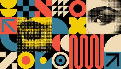 Abstract geometric pop art collage with bold shapes, vibrant colors, halftone lips and eye, modern retro design perfect for posters, prints, and digital pop art backgrounds.