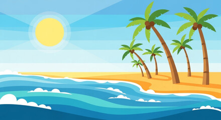 Vibrant tropical beach illustration featuring swaying palm trees, golden sands, and blue ocean waves under a bright sunny sky.