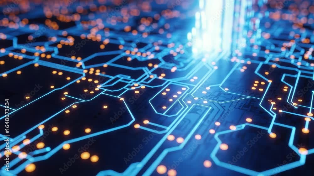 Poster an intricate network of glowing blue circuits with orange nodes, representing the flow of digital da
