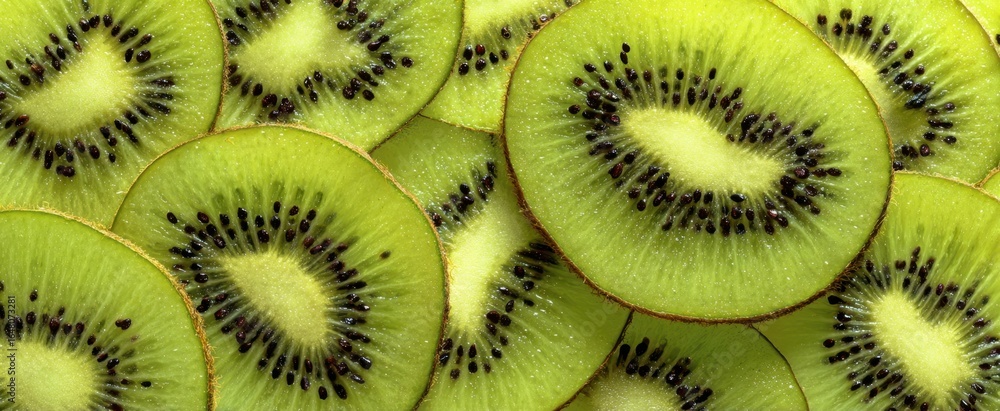 Poster the kiwi fruit slices arranged in a vibrant fresh green overlapping textured pattern