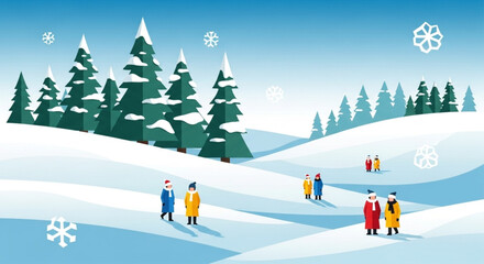 Winter Landscape with People Enjoying the Snow and Fir Trees Illustration