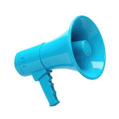 3d bright blue megaphone announcement device isolated on transparent background