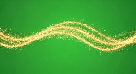 Sparkling golden wave of light particles flows elegantly across vibrant green background