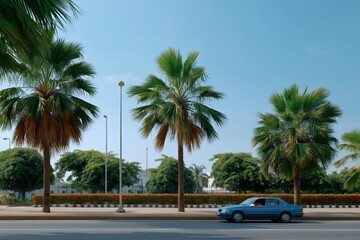 Obraz premium Tropical city street with palms and blue car in daylight