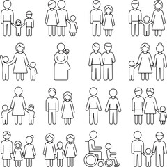 Family Icons and Line Art Illustrations Representing Diverse Family Structures
