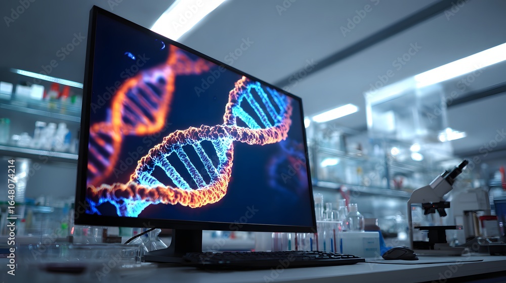 Poster a monitor displays a dna strand in a laboratory. various test tubes and a microscope are on the labo