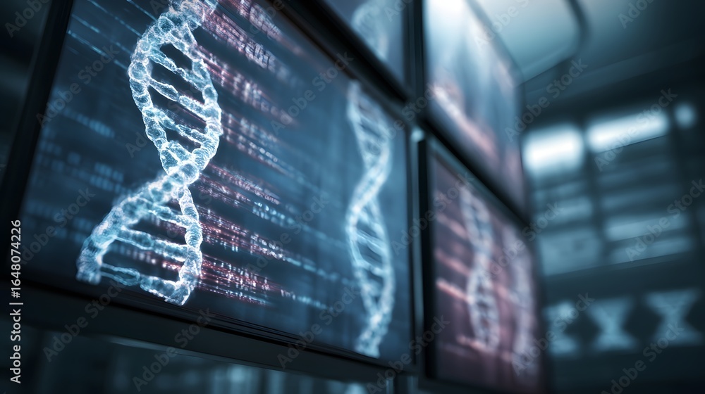 Poster dna displayed on multiple screens in a futuristic laboratory setting. light trails and abstract data