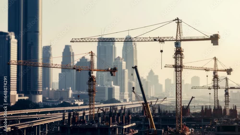 Poster construction cranes in motion with dense urban structures in distance.