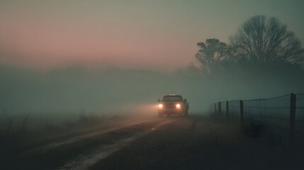 Pickup truck illuminates a misty countryside road, its headlights cutting through the dense fog under a soft, diffused sky. Serene and mysterious.