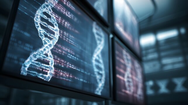 DNA displayed on multiple screens in a futuristic laboratory setting. Light trails and abstract data complement the helix structure.