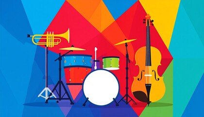 Colorful musical instruments on a geometric background