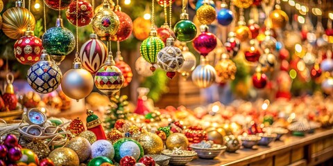 Obraz premium Photo of colorful Christmas ornaments hanging at market stall