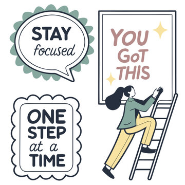 Productivity quote sticker set featuring a stay focused message with vibrant cmyk and grayscale elements created in adobe illustrator