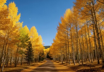 Obraz premium Sunlit path through a golden aspen forest during the peak of autumn foliage