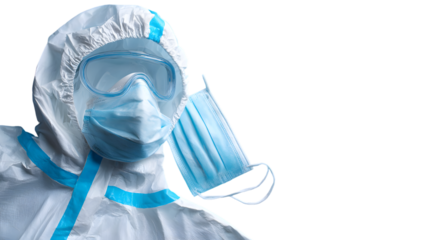 A still life of personal protective equipment including a mask goggles and a hazmat suit on black