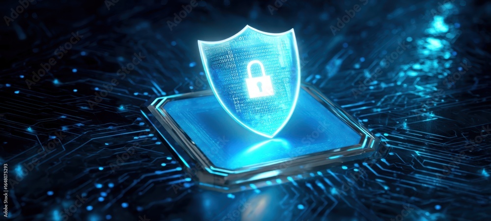 Poster [the shield lock hologram hovering above microchip circuit board representing cybersecurity protecti