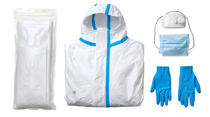 A still life shot of personal protective equipment including a suit, mask, gloves and face shield