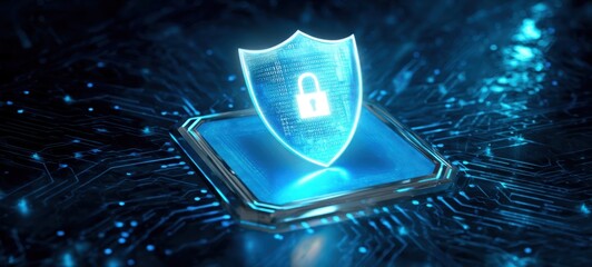 [The Shield Lock Hologram Hovering Above Microchip Circuit Board Representing Cybersecurity Protection]