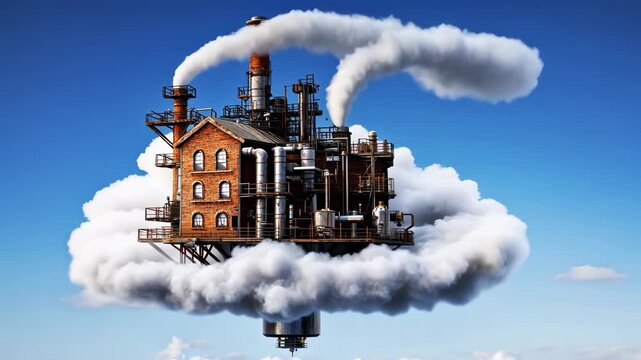 Floating industrial factory in a cloudscape