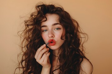 Woman applying red lipstick, Curly hair beauty shot, Studio portrait on neutral beige background, Glamorous feminine expression, Minimal fashion closeup