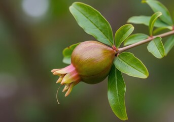 A young, unripe pomegranate fruit with a blossom on a green leafy branch