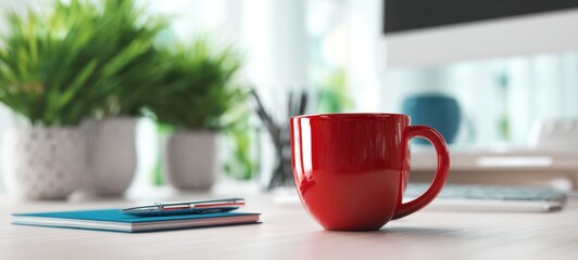 The Red Mug on a Bright Modern Office Desk with Notebooks and Plants