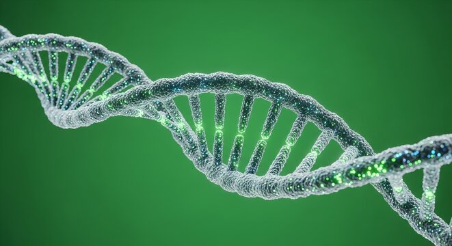 Dynamic 3D DNA helix structure with glowing green particles on a vibrant green background - Powered by Adobe