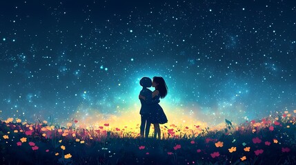 Romantic couple kissing under starry night sky digital art wallpaper illustration design image