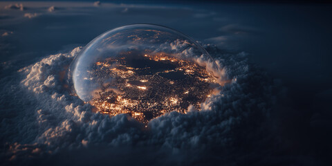 Futuristic dome shield protecting a country at night. Anti-missile defense system above illuminated city under a transparent energy barrier