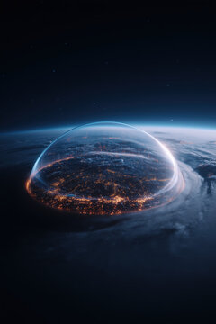 Anti-missile shield dome concept seen from space. Futuristic defense system protecting a glowing city under a transparent barrier on Earth