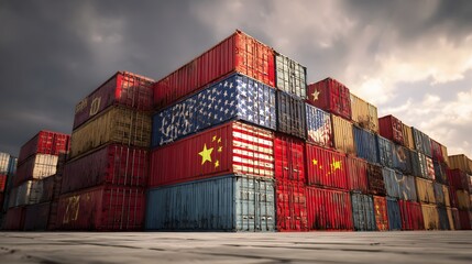 Fototapeta premium Containers with national flags symbolize international trade, shipping, and global economy against a dramatic cloudy sky backdrop. 