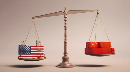 Trade Balance: A balanced scale holding shipping containers representing trade between the United States and China.
