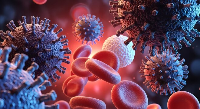 Dangerous viruses and red blood cells circulating in bloodstream, scientific visualization