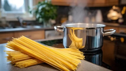 Close-up of raw pasta and pot on stove. Home cooking, dinner preparation. Cooking process. Kitchen shot: spaghetti and boiling water. Healthy eating, home cooking. Italian traditions. - Powered by Adobe