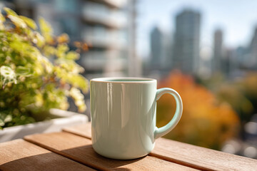 Coffee mug resting on a balcony table with a city view during a peaceful morning