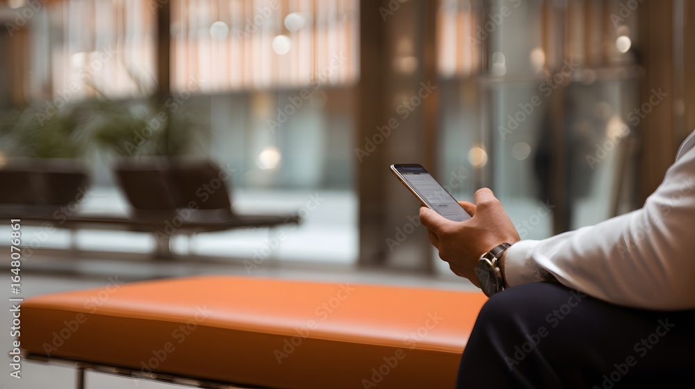 Poster man using smartphone indoors, casually dressed with watch, sitting near window with blurred backgrou