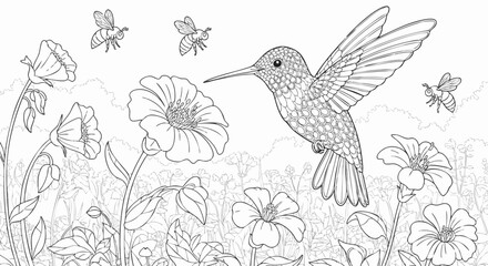 Hummingbird and Flowers Outline Illustration for Coloring Activity