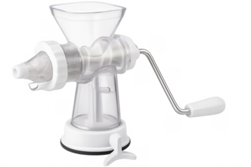 Manual juicer extracting juice with transparent container and rotating handle on transparent background