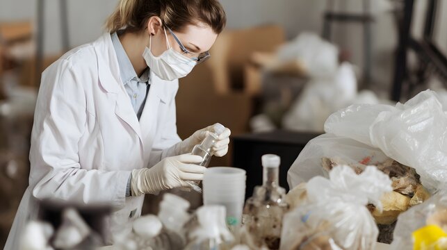 Researcher in lab coat and mask examines sample bottles surrounded by refuse for waste management and sustainability analysis. 